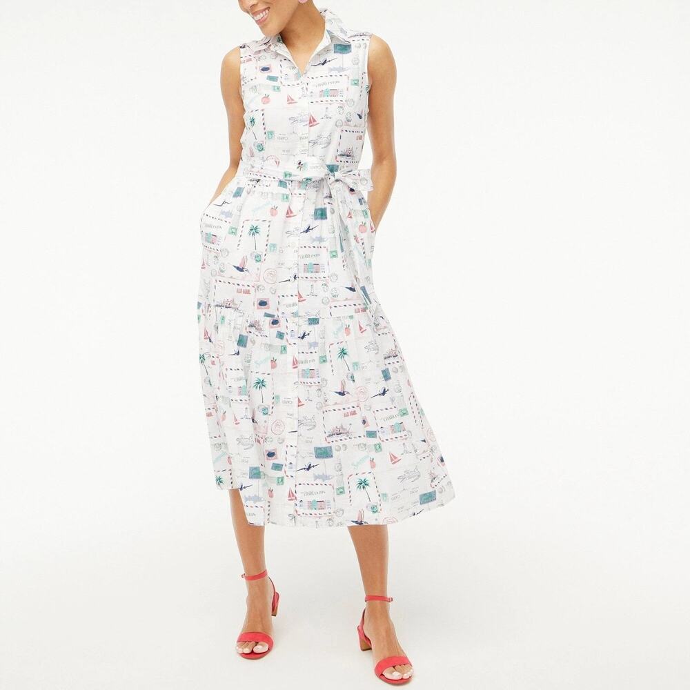 J Crew Factory Outlet Midi Dress Women's 2 Sleeveless Button Map Print NO BELT